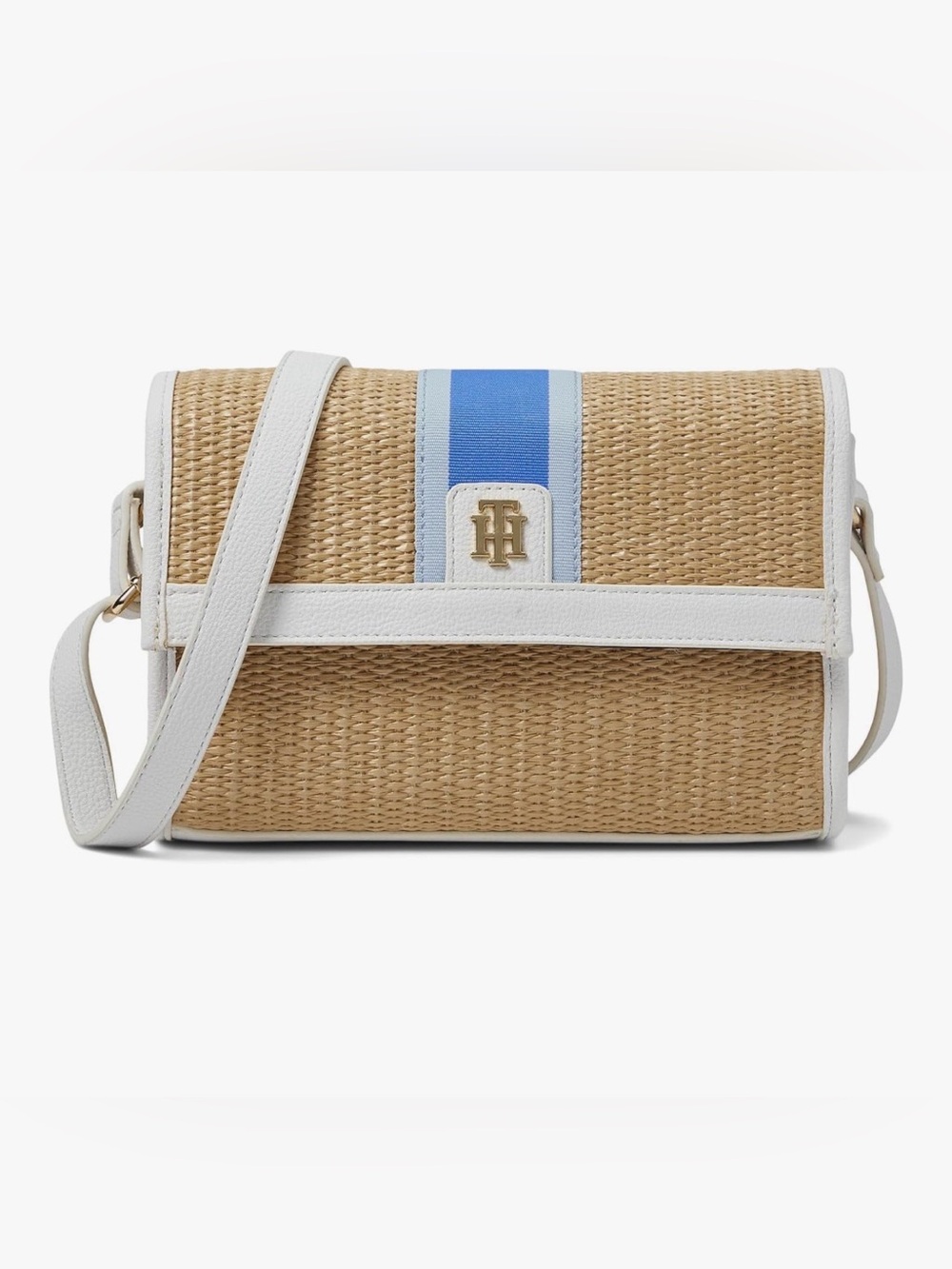 Tommy Hilfiger Sophia II Straw White Faux Leather Flap Close Crossbody Purse NWT